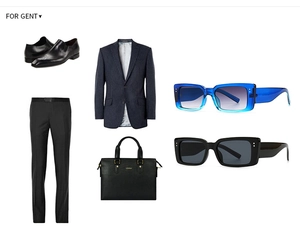 Flat lay of business casual men's fashion kit with pinstripe blazer and rectangle sunglasses