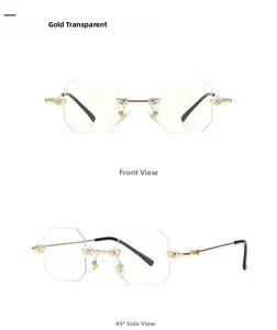 Detailed front and side view of gold rimless octagonal sunglasses with transparent lenses