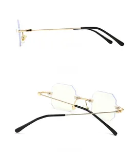 Detailed side and back views of modern rimless octagonal sunglasses with gold metal temples