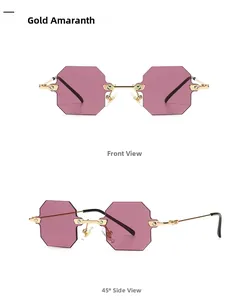 Front and 45-degree angle view of rimless octagonal sunglasses in gold and purple