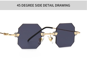 45-degree side view of rimless octagonal sunglasses with gold metal frame and dark lenses