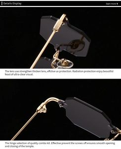 Macro view of gold metal hinges and thick UV protection lenses on square sunglasses