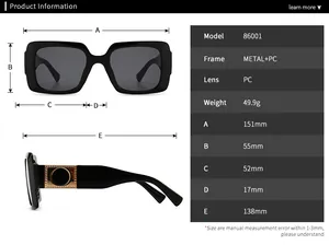 Detailed size chart and technical specifications for square frame fashion sunglasses