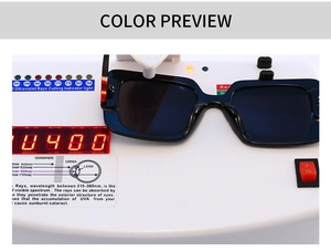 Detail of black square sunglasses showing UV400 protection level on a testing device
