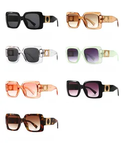 Collection of square frame sunglasses in multiple colors featuring oval metal temple accents