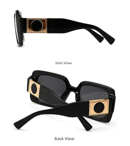 Side and back view of retro square sunglasses featuring wide gold metal temple accents