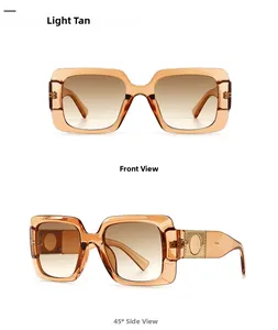 Detail view of square sunglasses with light tea frames and gold ring temple accents