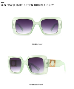 Detail view of square sunglasses with light green translucent frames and gradient purple lenses