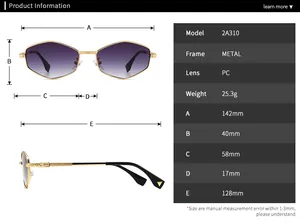 Detailed size specifications for hexagonal metal frame sunglasses with purple gradient lenses