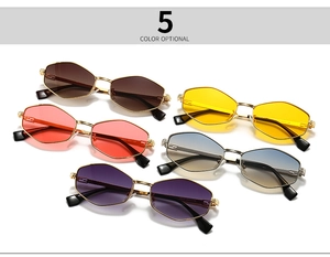 Detailed view of five multi-colored polygon metal sunglasses with engraved golden frames