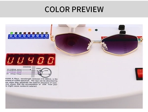 Detail of geometric gold frame sunglasses showing UV400 protection test on purple lenses