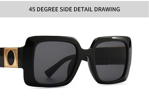 Detailed 45-degree macro view of modern square sunglasses with gold metal temple accent