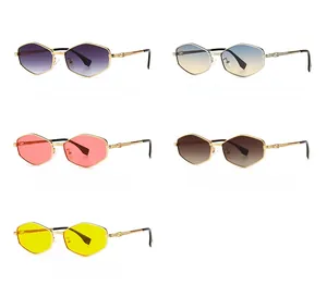 Detail of stylish polygonal metal sunglasses with woven texture temples and metal F logo