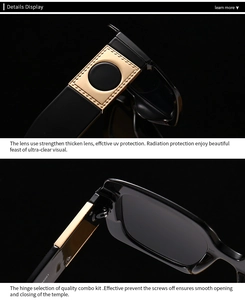 Detail view of reinforced metal hinges and square gold accents on black retro sunglasses