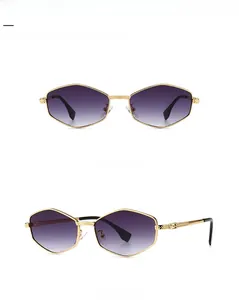 Front and side view of hexagonal gold sunglasses with double grey gradient lenses
