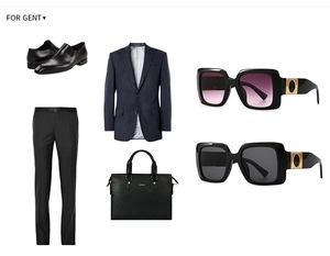 Flat lay of men's business suit set with leather shoes and square frame sunglasses
