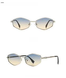 Front and side view of silver hexagonal sunglasses with light tan gradient lenses