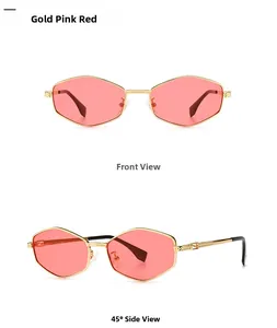 Detail view of gold hexagonal sunglasses with pink lenses and woven metal temples