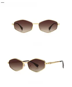 Front and side view of gold hexagonal sunglasses with brown gradient lenses