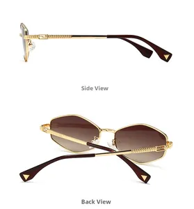 Detailed side and back view of retro sunglasses with gold metal frame and braided temples