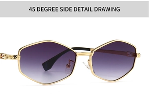 Detail view of gold hexagonal sunglasses with purple gradient lenses and woven texture