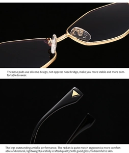 Detailed macro view of silicone nose pads and ergonomic gold metal temples of sunglasses