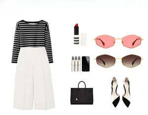 Flat lay set with striped top, white pants, high heels, and hex frame sunglasses for women