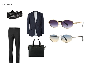 Flat lay of business men's accessories with navy pinstripe suit and geometric sunglasses