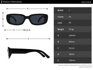 Detailed size chart for retro rectangular sunglasses showing dimensions in millimeters
