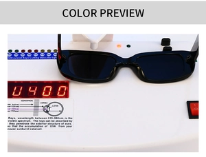 Detail shot of black rectangular sunglasses on a UV400 protection testing machine