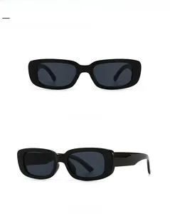 Front and 45-degree side views of modern retro black rectangular sunglasses