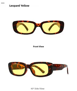 Detail view of leopard print rectangular sunglasses with yellow semi-transparent lenses