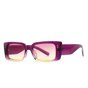 Modern rectangular sunglasses with purple-yellow gradient frame and silver rivets