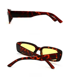 Side and back view of retro rectangle sunglasses with tortoiseshell frame and yellow lens