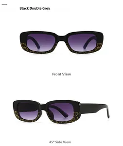 Front and 45-degree side view of modern rectangular sunglasses with black leopard frames