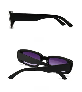Side and back view of retro rectangle sunglasses with black frames and purple lenses