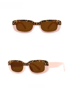 Front and 45-degree side views of retro square leopard and pink frame sunglasses