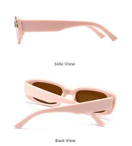 Detail view of pink rectangular sunglasses showing side profile and back frame perspective