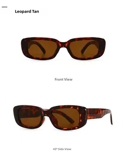 Front and 45-degree side view of modern retro leopard tan rectangular sunglasses