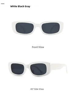 Front and 45-degree angle views of modern retro white rectangular thick frame sunglasses