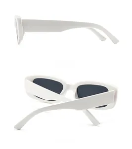 Detailed side and back views of vintage small square frame white sunglasses