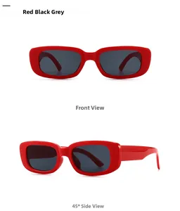 Detailed front and side views of red rectangular retro sunglasses with dark gray lenses