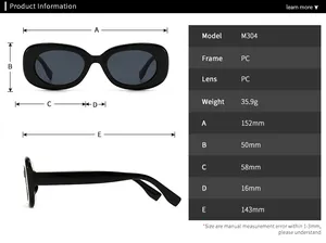 Size chart and technical dimensions for modern retro oval PC frame sunglasses M304