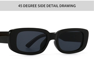 Detail view of modern vintage square sunglasses with thick black frames at 45 degree angle