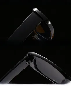 Detail of reinforced hinges and thick UV protection lenses on black square sunglasses