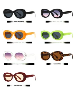 Detailed grid of oval vintage sunglasses in seven various frame and lens colors