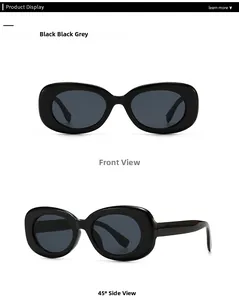 Front and side view of classic black oval sunglasses with thick resin frames and grey lenses