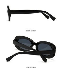 Detail view of black oval sunglasses frames showing side and back perspectives