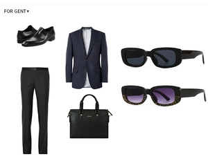 Flat lay of business attire with navy striped blazer, slim pants, and retro sunglasses