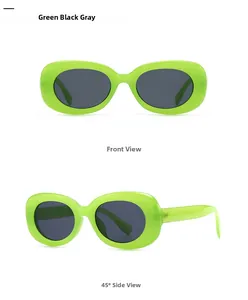 Detail view of lime green translucent oval sunglasses with dark grey UV lenses